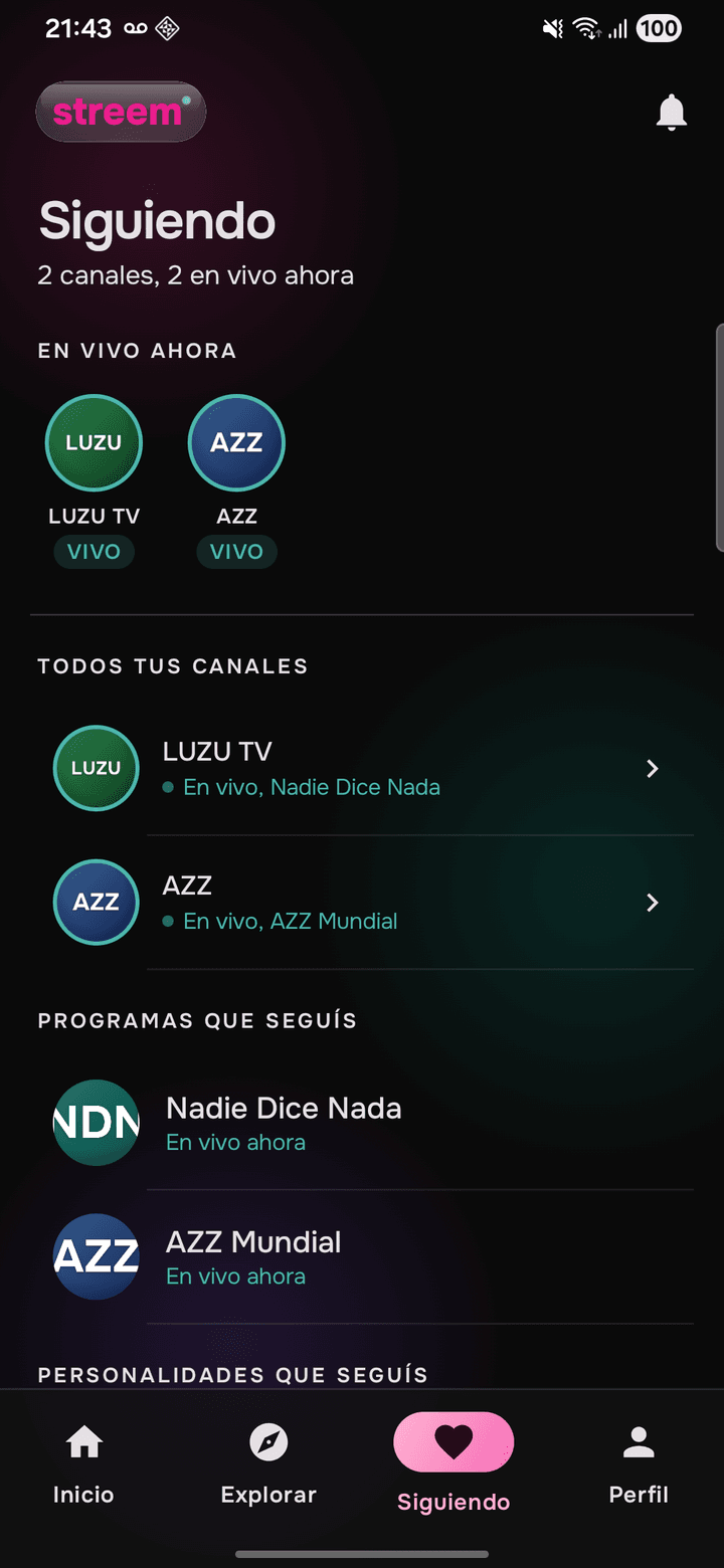 Streem en Android, canales seguidos