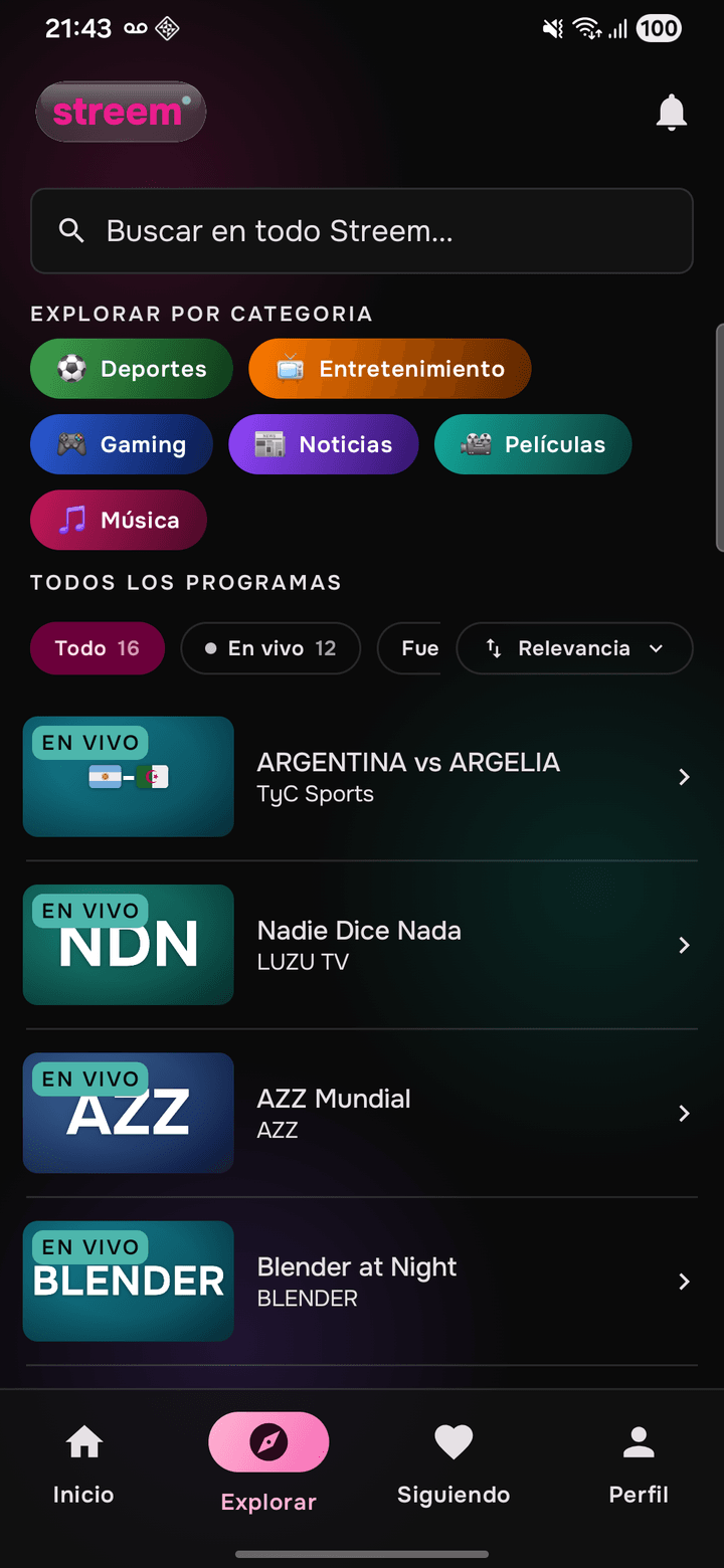 Streem en Android, búsqueda por categorías